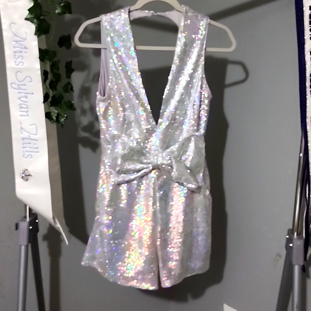Silver/rainbow sequin shorts jumpsuit